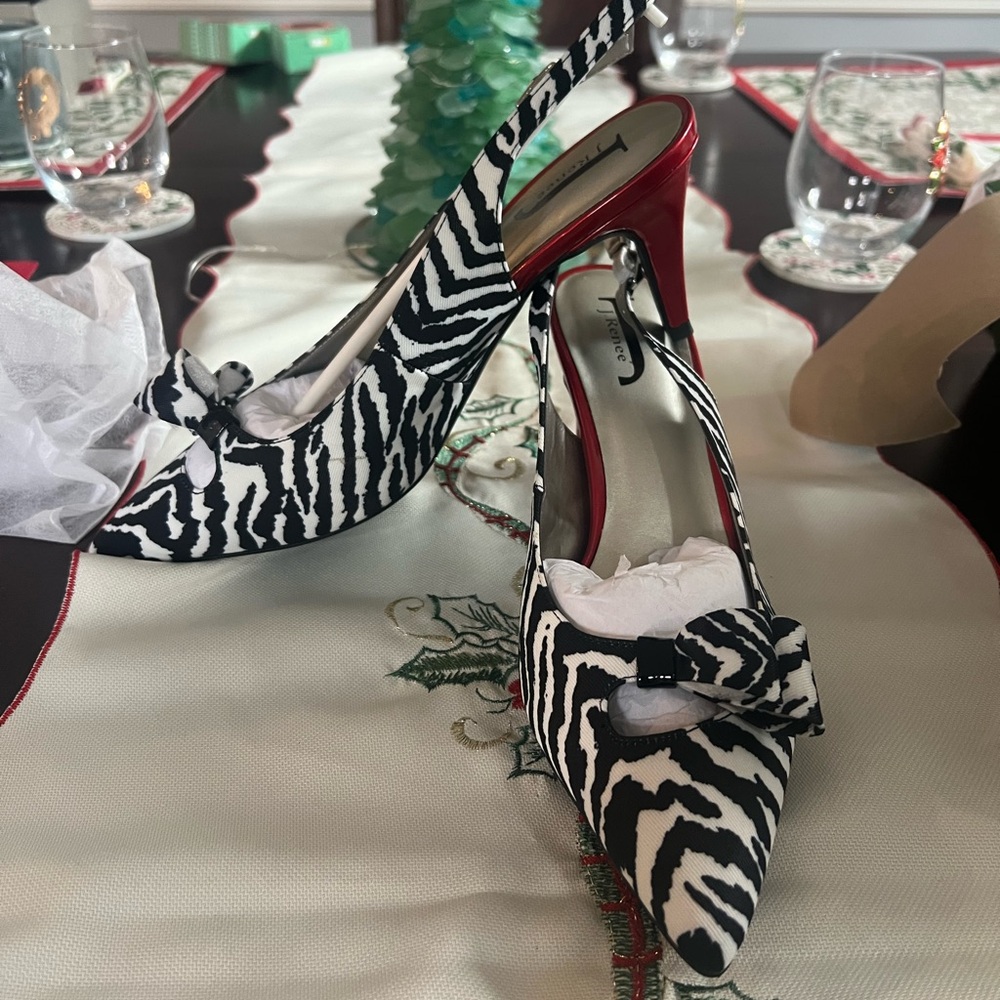 J.Renee Black and White Zebra Heels with Red Accents